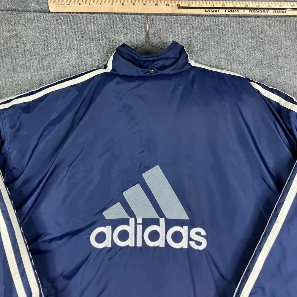 Adidas Jacket Mens Size Large Navy Blue Longline Puffer Coat‎ Striped Sleeve